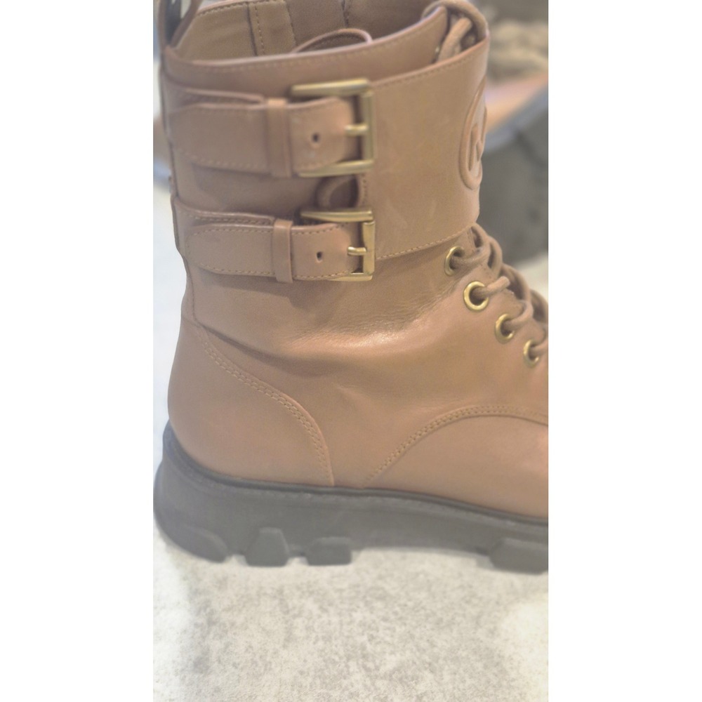 Michael Kors Brown Leather Combat Boots Lug Sole Moto Buckle Side Zip Women 7.5 - Picture 13 of 16